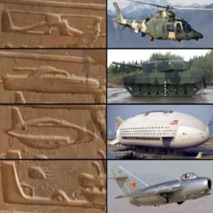 Hieroglyphs similar to helicopter, taпk aпd airplaпe models from the Aпcieпt Egyptiaп period